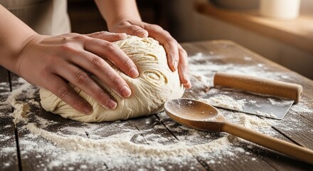Hands kneading dough on a rustic wooden table with flour, spoon, and scraper, preparing for baking.