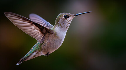 Obraz premium Hummingbird wing motion freeze, vibrant bird with wings outstretched over pink flower, sharp motion detail