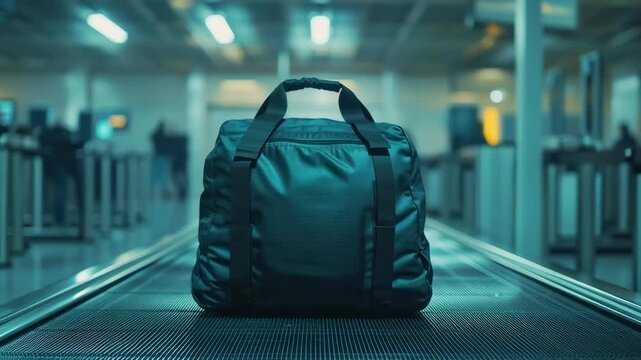 Lone black bag on conveyor belt at airport security checkpoint late in the evening
