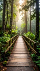 Obraz premium Wooden bridge through lush, verdant forest, bathed in ethereal sunlight