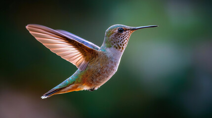 Hummingbird wing motion freeze, vibrant bird with wings outstretched over pink flower, sharp motion detail