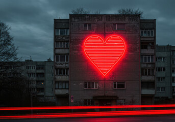 Giant red neon heart light displayed on apartment building facade