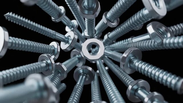 Array of shiny metallic screws and nuts extending outward in a radial pattern, symbolizing construction and engineering.
