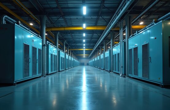 Spacious industrial warehouse interior with rows of cooling units creating a modern design. Refrigeration equipment inside a manufacturing plant. Aisle with blue lighting shows tech infrastructure