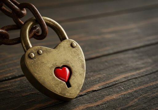 Heart shaped padlock chained securely on rustic wooden surface symbolize love