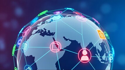 Earth globe with digital connection lines and data icons rotating. Global network, internet, and communication concept for technology footage. - Powered by Adobe
