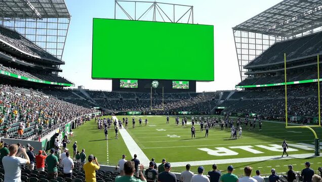 American football stadium with green screen for mockups on sunny day game
