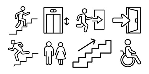 Navigation icon set, elevator, exit, up and down stairs