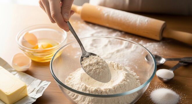 A person's hand is scooping flour from a bowl with a spoon, surrounded by baking ingredients like eggs and butter.