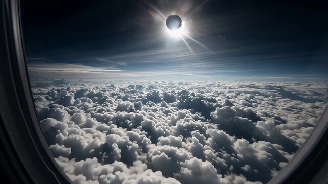 View of a total solar eclipse above thick clouds seen from an airplane window, capturing a rare and breathtaking moment in flight.