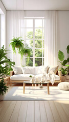 Modern cozy interior design room with light colors, eco natural texture and plants