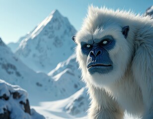 Large white furry creature, yeti, stares intensely with blue eyes. Snowy mountain background, cold winter landscape. Mythical ape in remote wilderness.