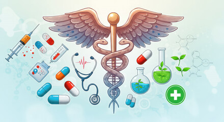 Caduceus symbol surrounded by medical supplies healthcare and science theme