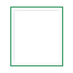 clean modern portrait-oriented digital image of an empty picture frame and shadow. Frame features  vibrant, rich green border with a narrow profile, surrounding wide, crisp white mat or inner border