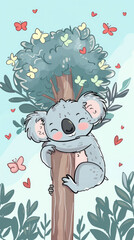 Cute Cartoon Koala Hugging Tree with Butterflies and Hearts in a Whimsical Forest Setting