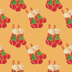Seamless pattern of red Christmas stockings filled with gifts and candy on a dark background. Perfect for packaging and cozy holiday decor.