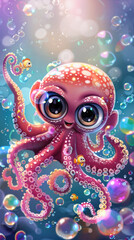 Adorable Cartoon Octopus with Big Eyes Surrounded by Colorful Bubbles and Small Fish in a Vibrant Underwater Scene