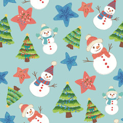 Seamless festive pattern featuring bells, stars, moons, and leaves in colorful pastel tones. Perfect for Christmas crafts and fabrics.