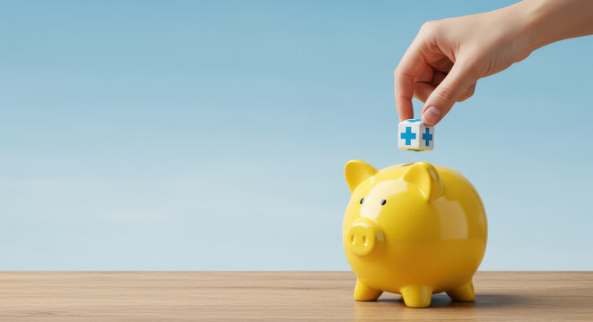 Hand inserting coin into yellow piggy bank for saving money and financial growth