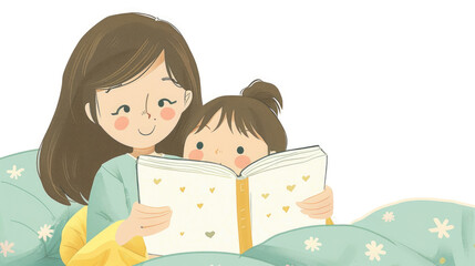 Mother and Child Reading Together in Cozy Bed with Heart-Patterned Book and Soft Pillows