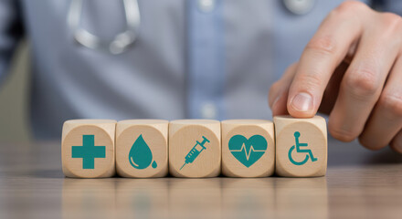 Hand arranging dice with medical and healthcare symbols for wellness choices