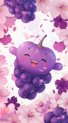 Cute Cartoon Grape Character Surrounded by Pink Cherry Blossoms in a Whimsical and Playful Springtime Scene