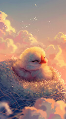 Adorable Fluffy Chick Nestled in Cozy Nest with Soft Pastel Clouds and Warm Sunset Glow in the Background