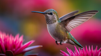 Naklejka premium Hummingbird wing motion freeze, vibrant bird with wings outstretched over pink flower, sharp motion detail