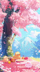 Cute Cartoon Animals Enjoying a Picnic Under Cherry Blossoms with Scenic Mountain View in Springtime
