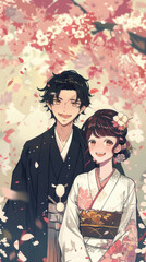 Traditional Japanese Couple in Kimono Amidst Cherry Blossoms with Soft Pastel Background and Delicate Petals
