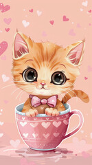 Adorable Cartoon Kitten in a Heart-Patterned Teacup with Pink Background and Floating Hearts