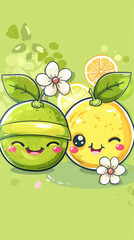 Cute Cartoon Citrus Fruits with Smiling Faces and Flowers on a Green Background