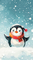 Cute Cartoon Penguin in Snowy Winter Wonderland with Red Scarf and Hat, Surrounded by Falling Snowflakes and Blue Sky