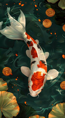 ** Vibrant Koi Fish Swimming Among Gold Coins and Lily Pads in a Tranquil Pond Setting

**