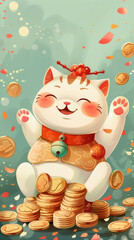 Cute Lucky Cat Surrounded by Gold Coins and Falling Petals in a Whimsical Illustration Celebrating Prosperity and Good Fortune