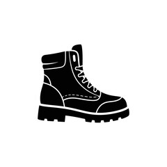 Black silhouette of a sturdy hiking boot with laces isolated on white background silhouette