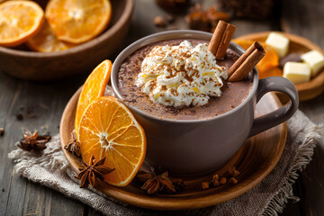 Fototapeta premium a cup of hot chocolate with whipped cream and cinnamon