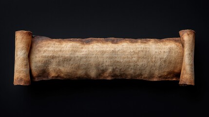 Ancient parchment scroll with aged texture and historical inscriptions resting on a dark textured background evokes a sense of history and discovery