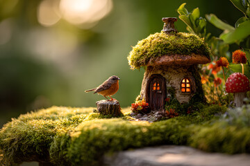 a small bird is perched on a moss covered house