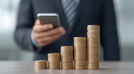Businessman in formal suit using smartphone with stacks of coins representing financial investment growth and success in a modern office environment
