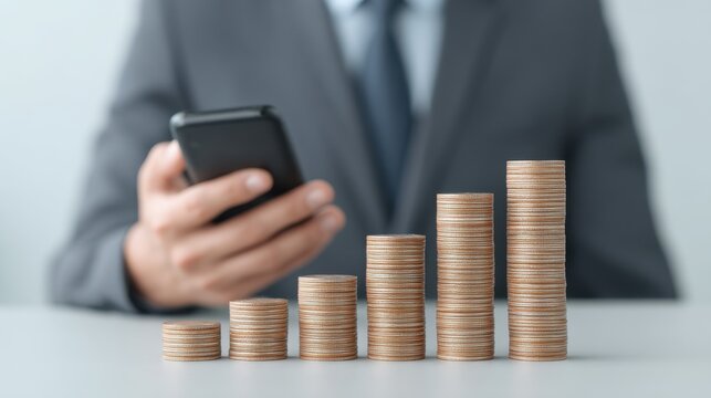 Man Using Smartphone to Monitor Financial Growth with Stacks of Coins Representing Investment Progress in a Professional Business Environment - Powered by Adobe