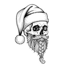 Skull wearing santa hat with beard and mustache illustration