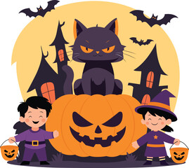 Halloween haunted house silhouette with bats and pumpkins. A big bundle of halloween haunted house  vector illustration perfect for halloween