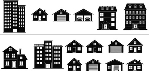 Obraz premium Building silhouette collection, black and white vector, residential and commercial architecture, house and apartment icons, urban design elements, illustration set
