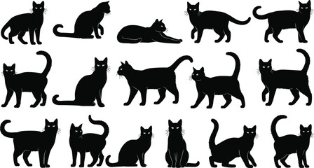 Black cat silhouettes, various feline poses, sitting, walking, stretching, vector icons, animal behavior study, isolated on white background
