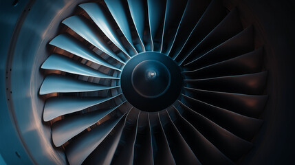 Jet turbine engine closeup, cool silver tones and dark shadows between blades, precision engineering vibe