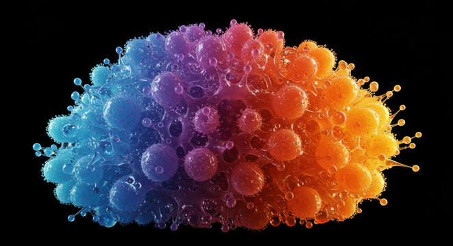 Vibrant colorful powder explosion with textured spheres against a black canvas