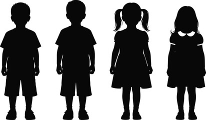 Children silhouettes, boys and girls standing, black vector icons, hairstyle and clothing variation, isolated on white background, posture study © Creative Art