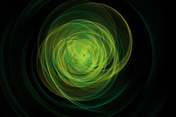 Abstract green and yellow spiral design on a black background creates a mesmerizing effect