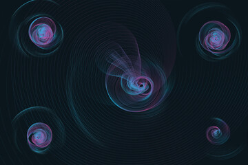 Abstract dark background with glowing circles and spirals of blue and pink particles